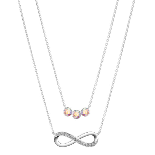 Women'S Fine Silver Plated Cubic Zirconia Infinity and Arora Boralis Triple Crystal Necklace Set, 16+2" & 18+2" Extender