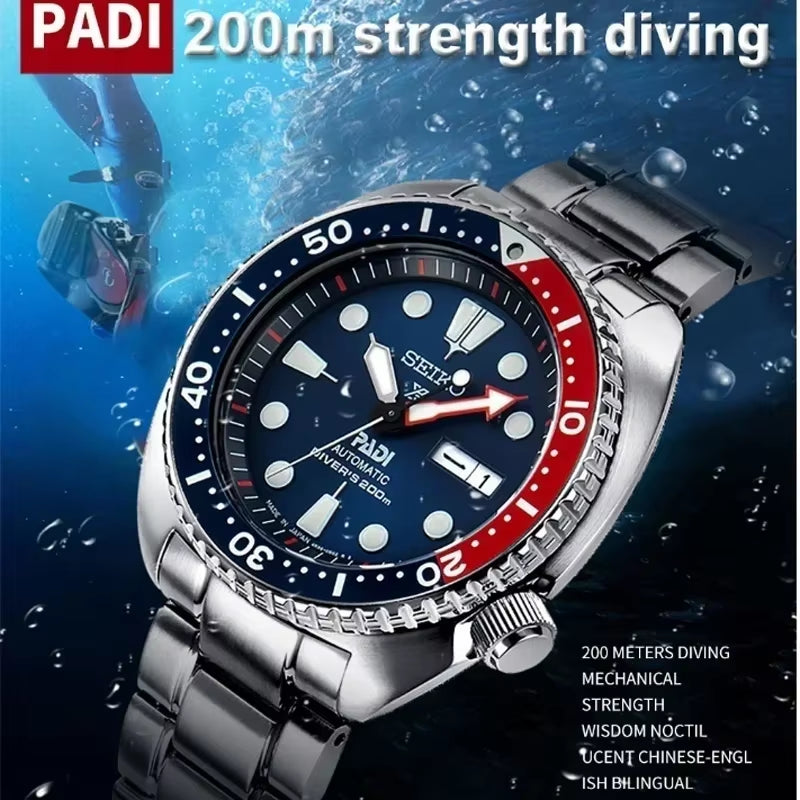 Men'S PADI SRPE99 Water Ghost Automatic Mechanical Watch Diving Watch Silver Strap Blue Red Bezel Wrist Watch