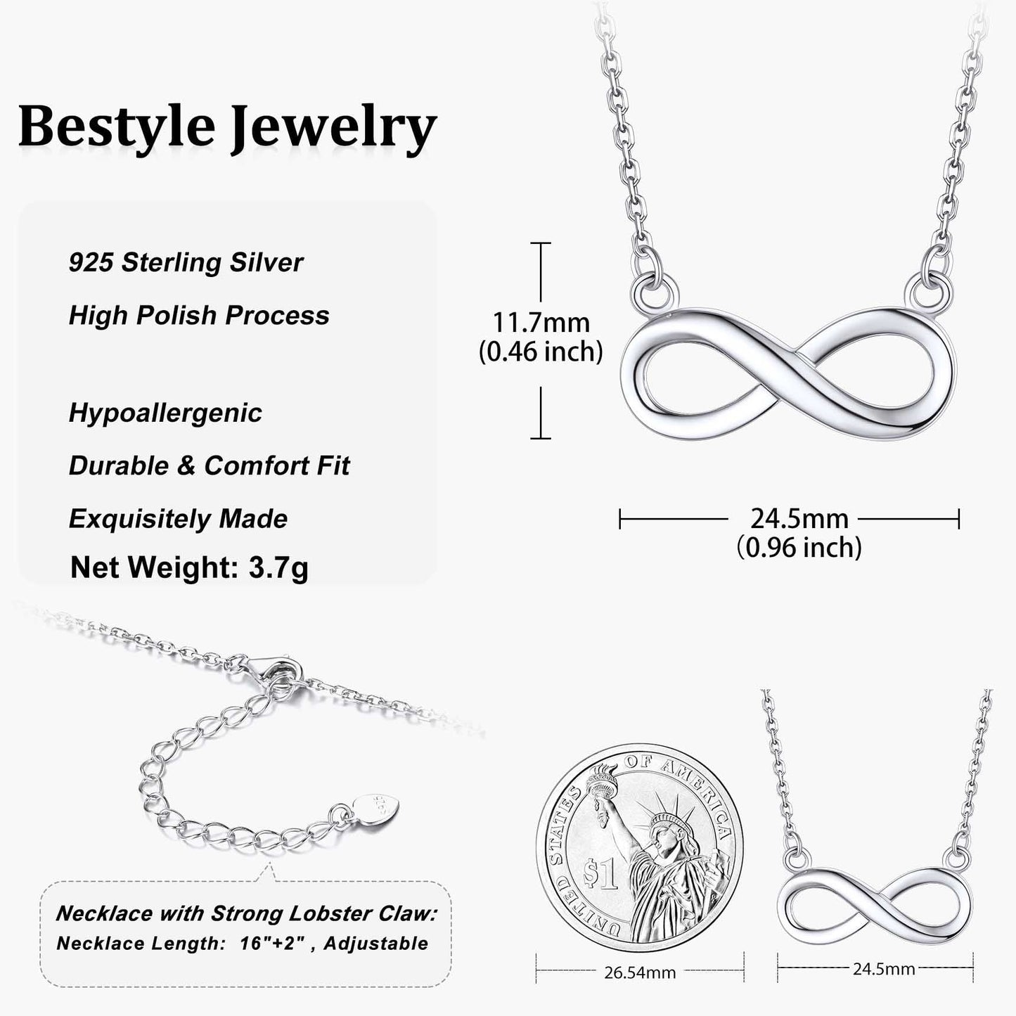 Infinity Pendant Necklace Sterling Silver Chain Necklace for Women Eternity Love Infinity Jewelry for Mom Wife Daughter